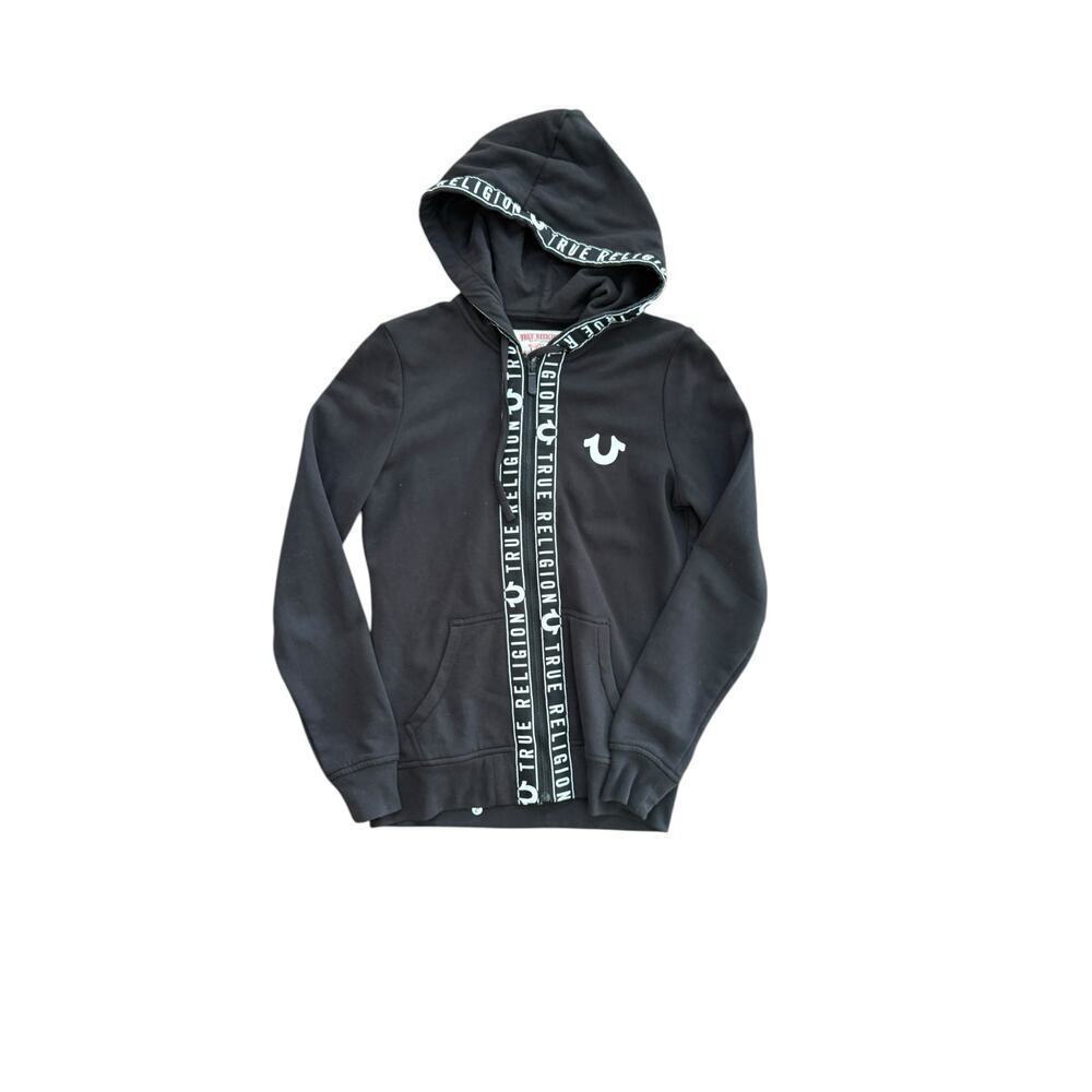 True Religion Women's Black White Cotton Blend Full Zip Track Hoodie Size Medium